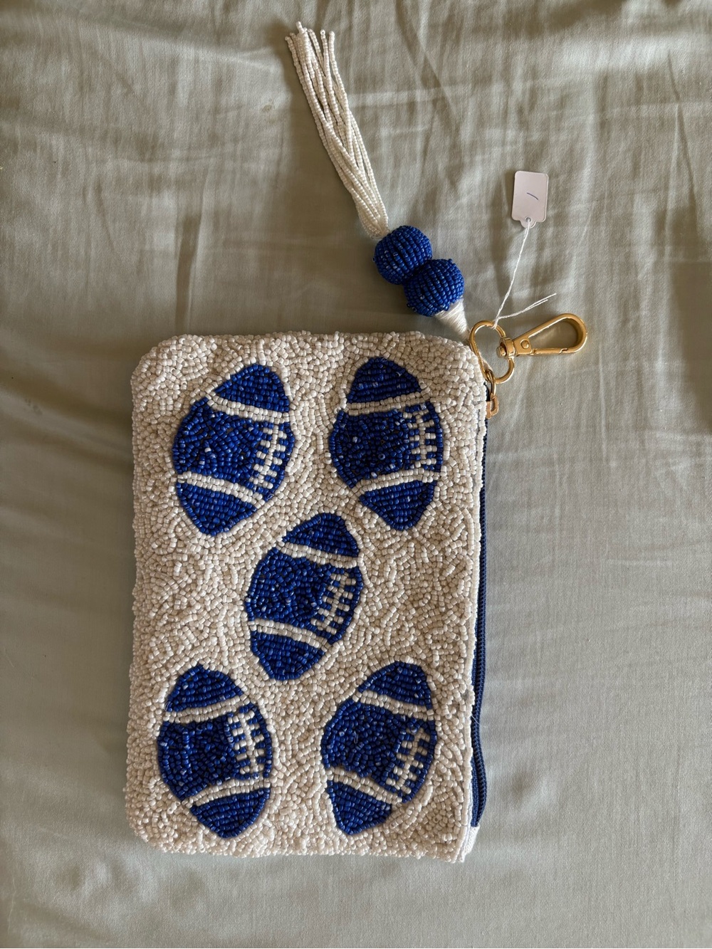 Beaded White and Blue Football Motif Wristlet Clutch